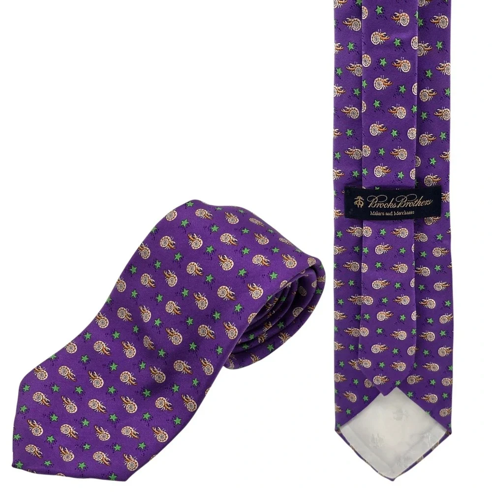 Brooks Brothers Men's Purple Crab Print‎ 100% Silk Necktie Handmade In USA